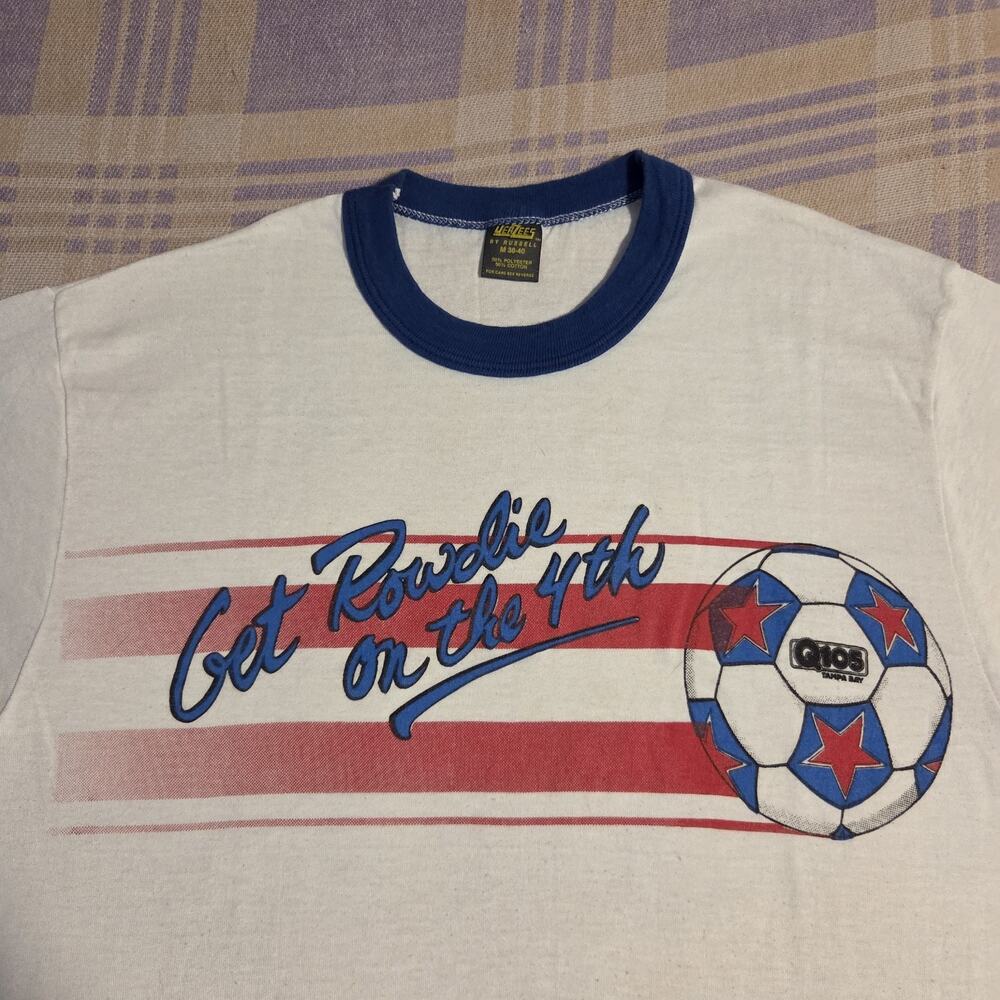 Vintage 80s Q 105 Tampa Radio Station T Shirt Soccer Rowdie 4th Russell Ringer